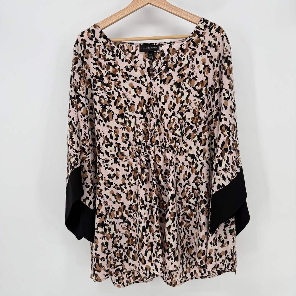 Lane Bryant Top Womens 18 20 Pink Leopard‎ Kimono Sleeve Babydoll Blouse
